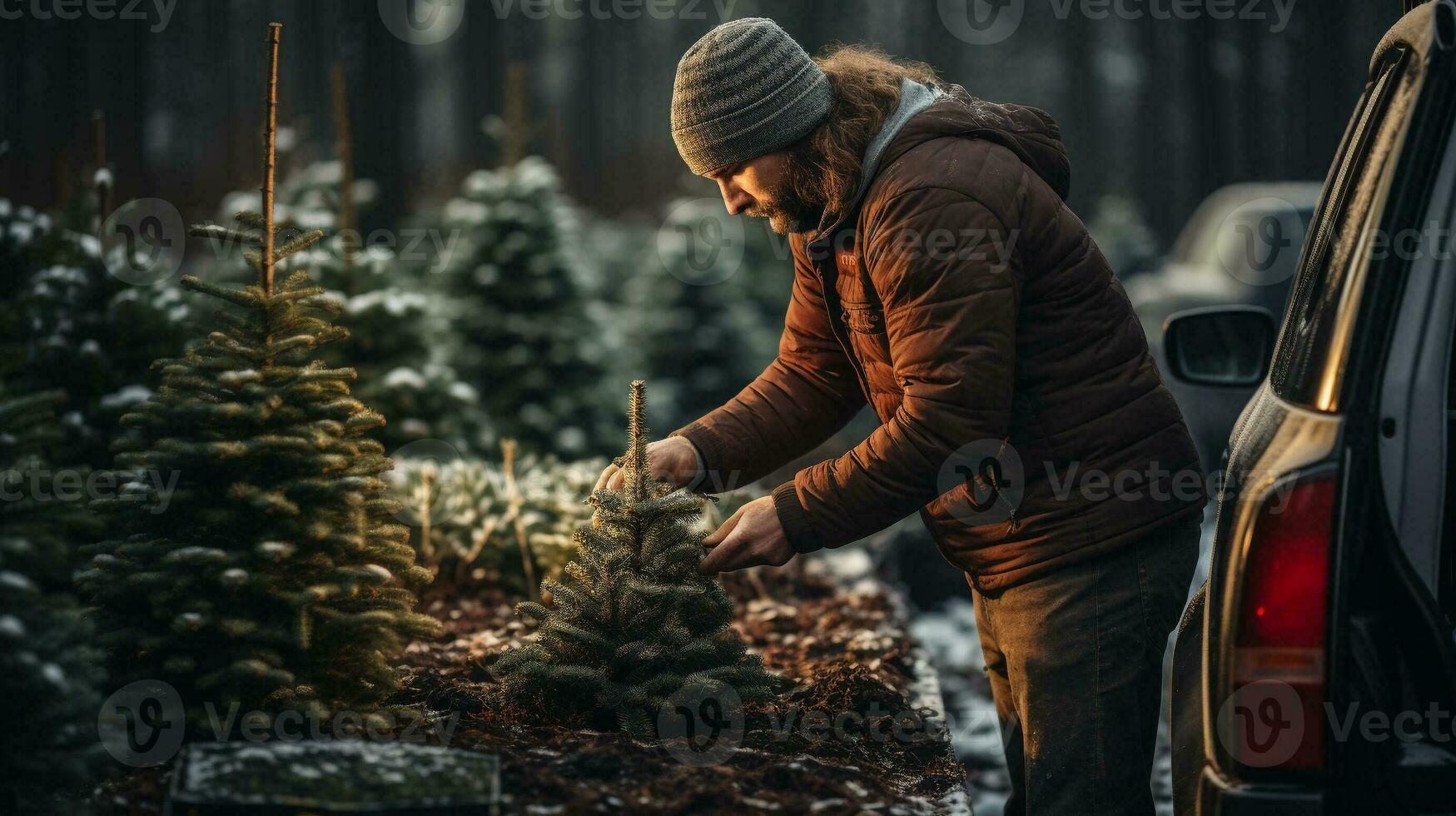 giovane uomo Lavorando a il Natale albero azienda agricola piantare nuovo alberi durante il vacanza stagione. generativo ai. foto