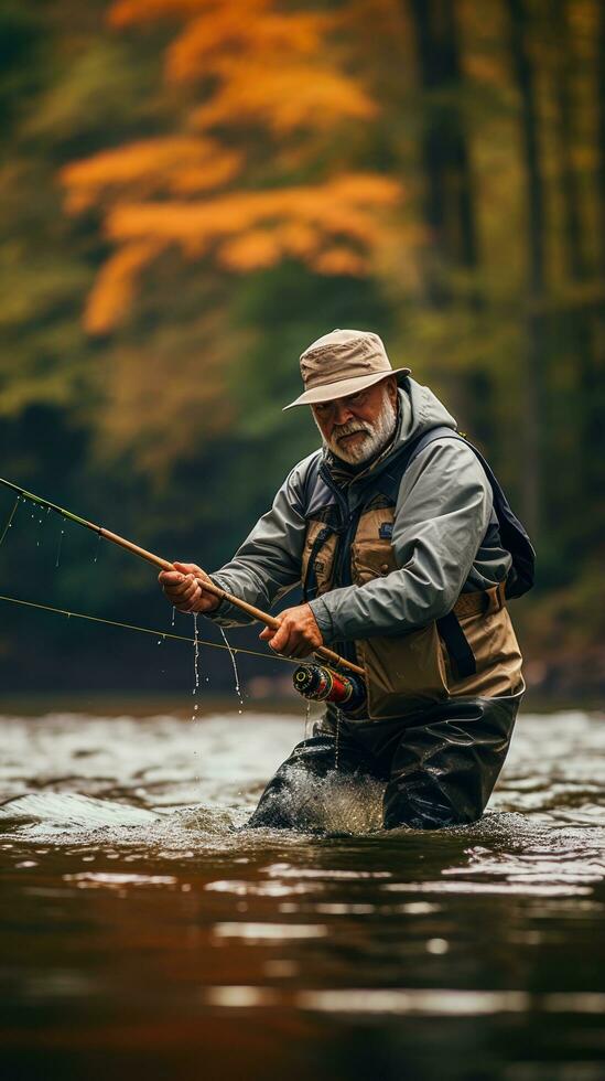 più vecchio uomo attraente un' pesce mentre volare pesca nel un' fiume foto