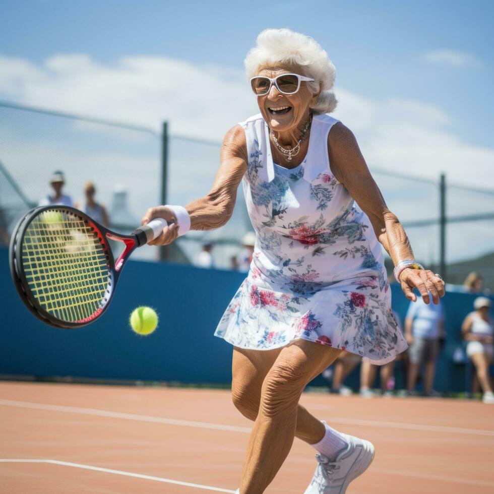 anziano donna giocando tennis con un' Sorridi su sua viso foto