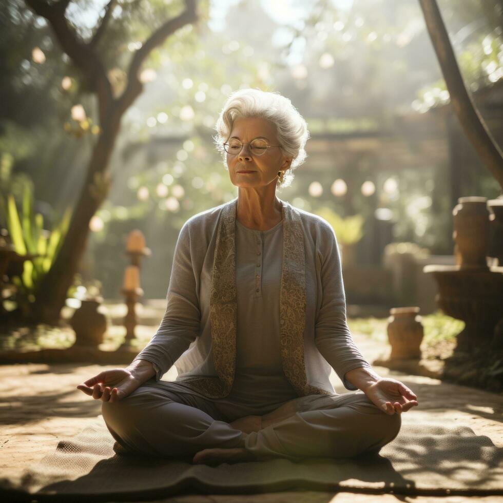 anziano donna praticante yoga nel un' tranquillo, calmo giardino foto