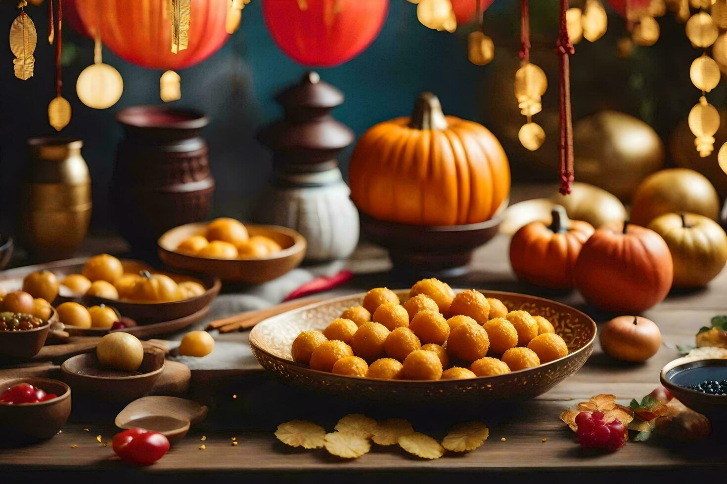 un' tavolo con vario Cinese cibo Oggetti. ai-generato foto