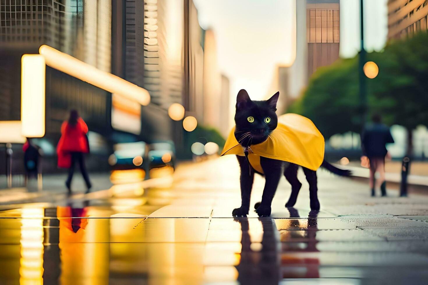 un' nero gatto indossare un' impermeabile su un' città strada. ai-generato foto