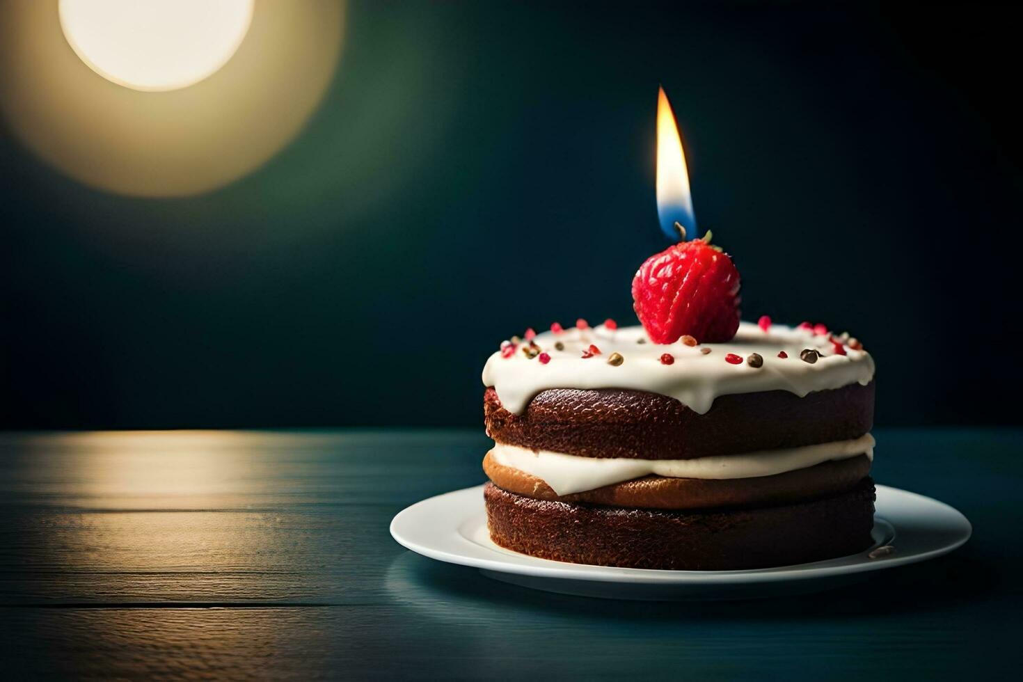 un' cioccolato torta con un' fragola su superiore. ai-generato foto