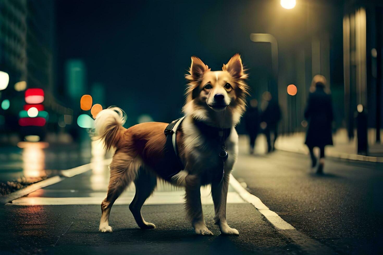 un' cane in piedi su il strada a notte. ai-generato foto