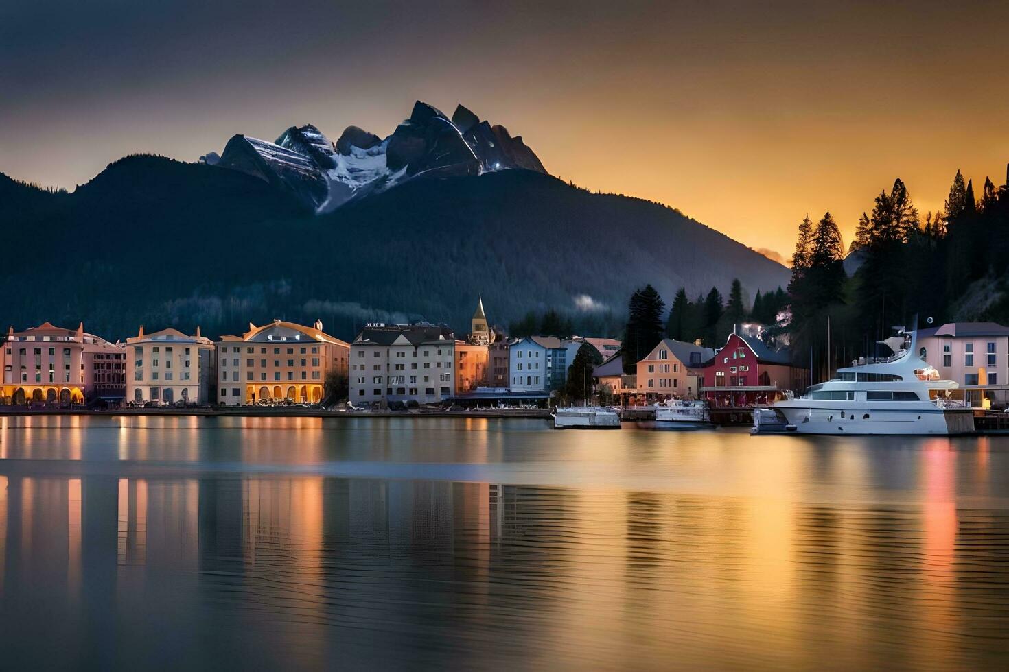 un' bellissimo tramonto al di sopra di un' cittadina e montagne. ai-generato foto