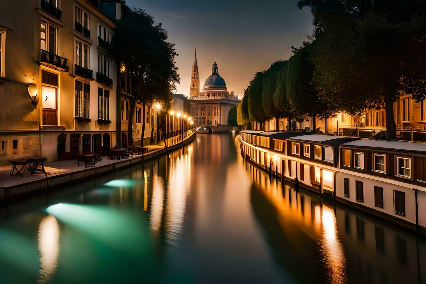 un' canale nel il città a notte con un' Chiesa nel il sfondo. ai-generato foto