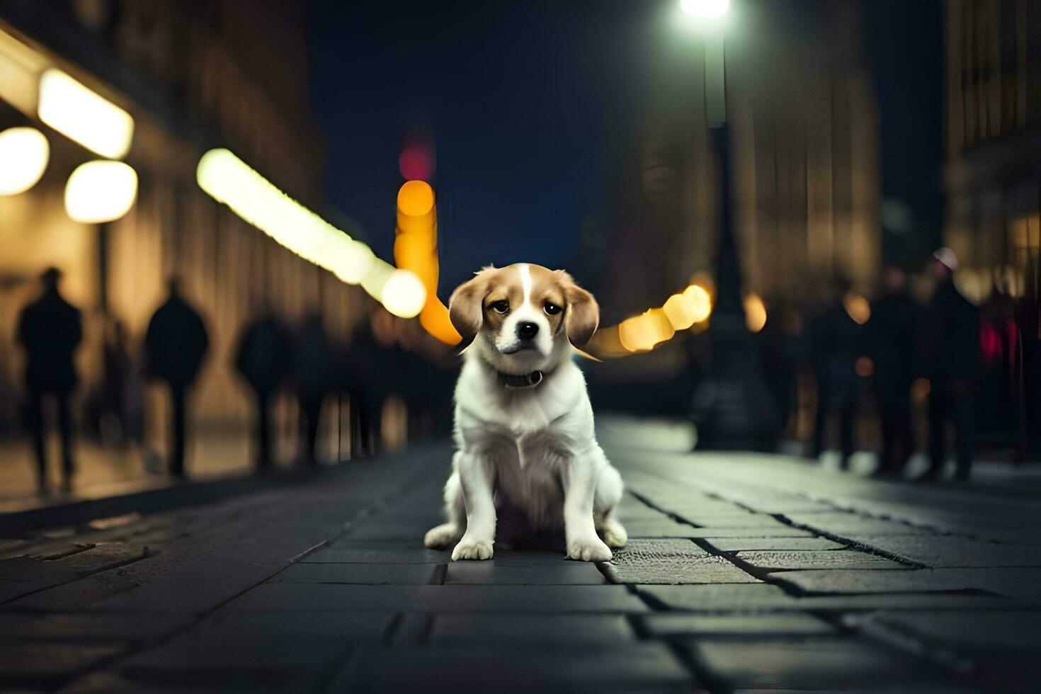 un' cane seduta su il terra nel un' città a notte. ai-generato foto