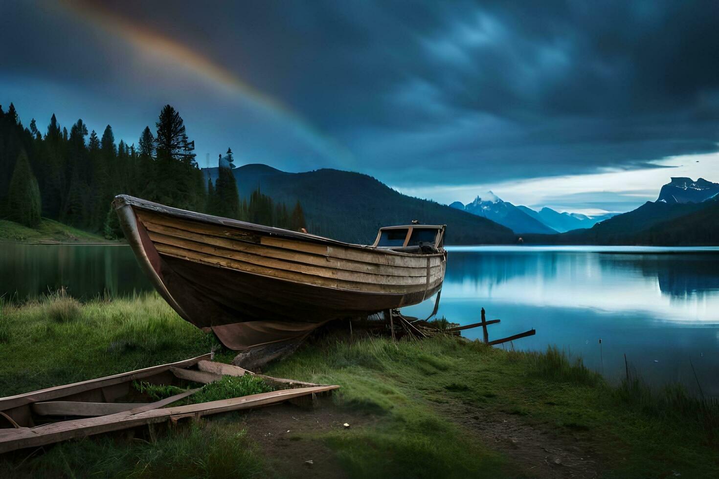 un' barca si siede su il riva di un' lago con un' arcobaleno nel il cielo. ai-generato foto