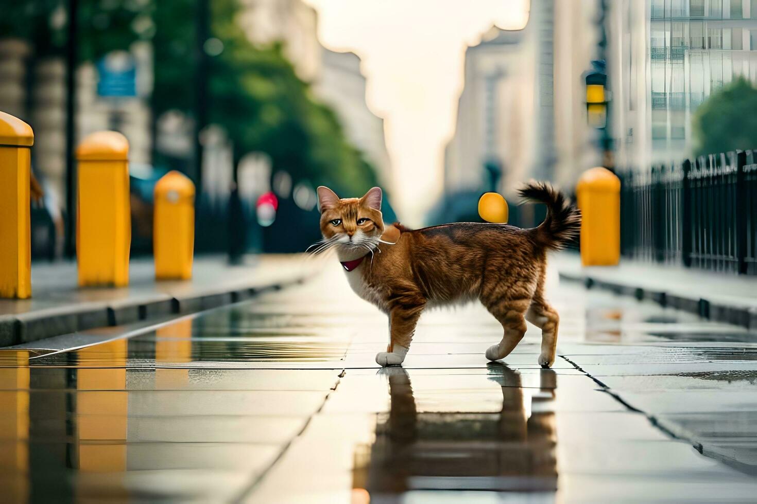un' gatto a piedi su un' bagnato strada nel il città. ai-generato foto