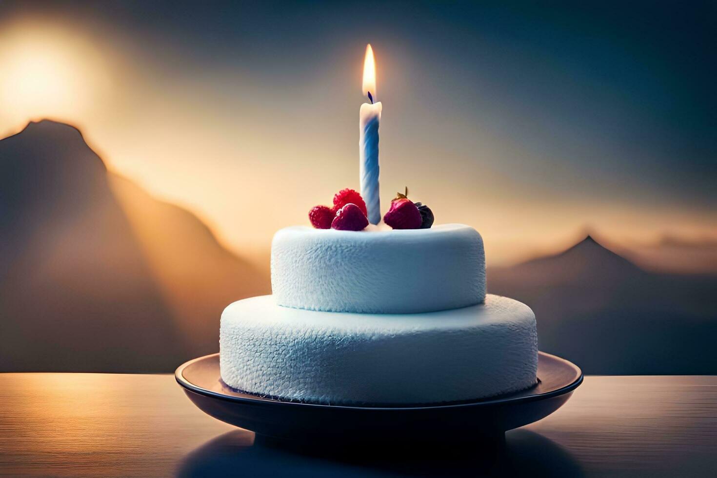 un' bianca torta con un' singolo candela su superiore. ai-generato foto
