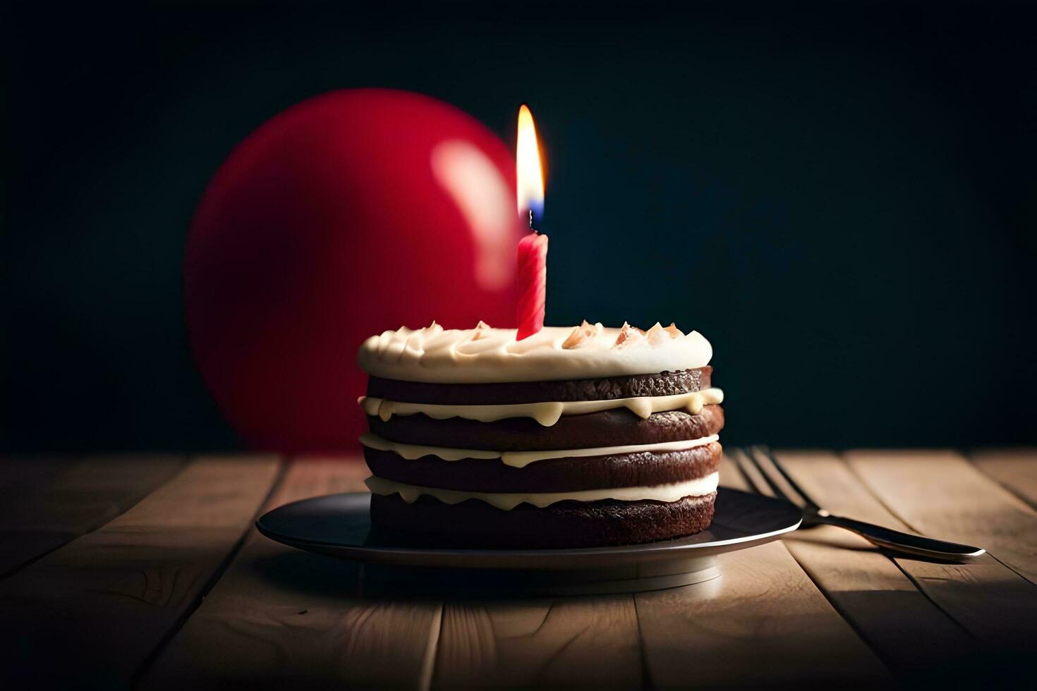 un' torta con un' candela su superiore e un' rosso Palloncino. ai-generato foto