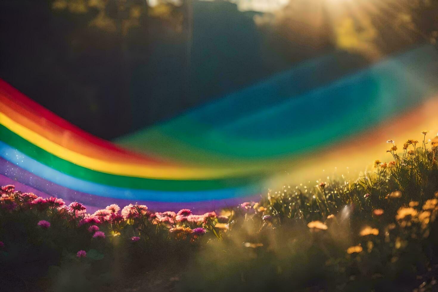 un' arcobaleno è visto nel il cielo con fiori e alberi. ai-generato foto