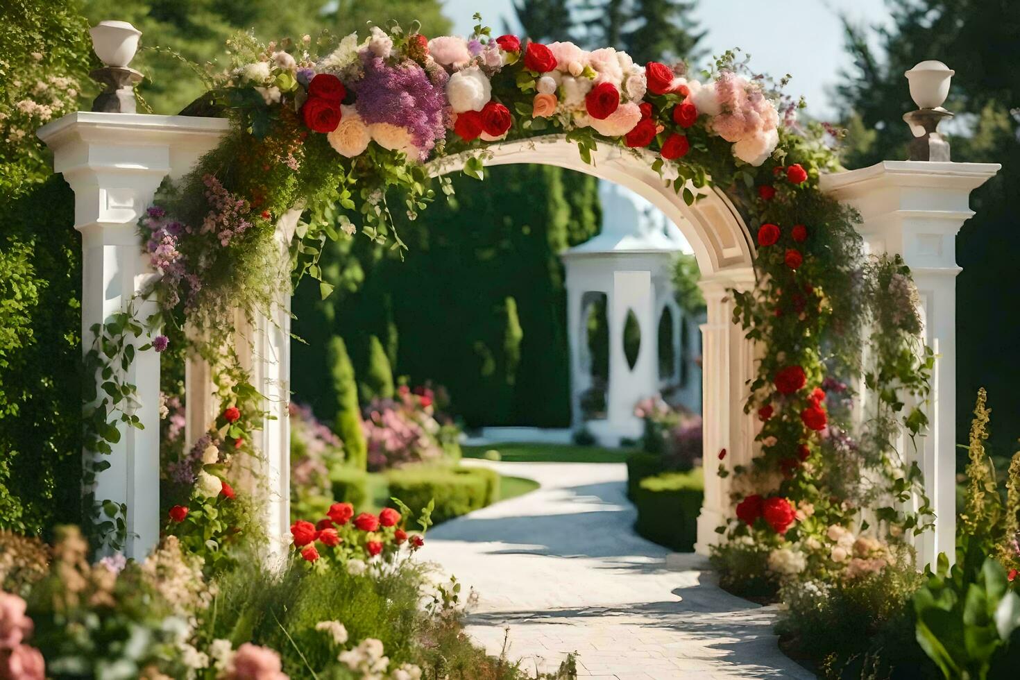 un' bellissimo arcata con fiori e verde. ai-generato foto