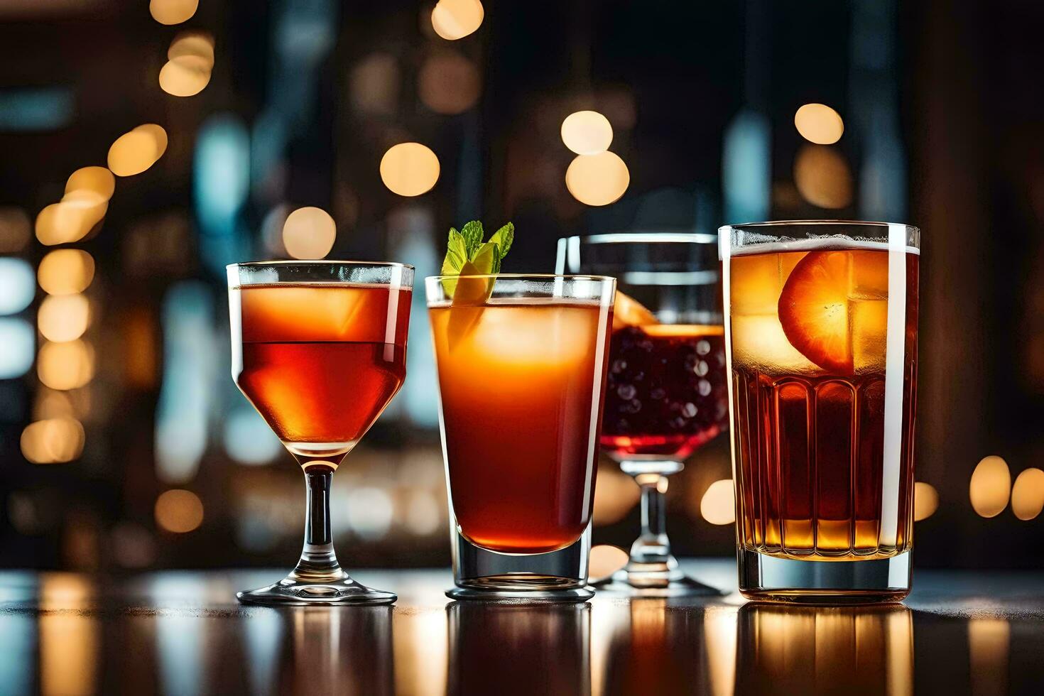 tre bicchieri di diverso alcolizzato bevande su un' tavolo. ai-generato foto