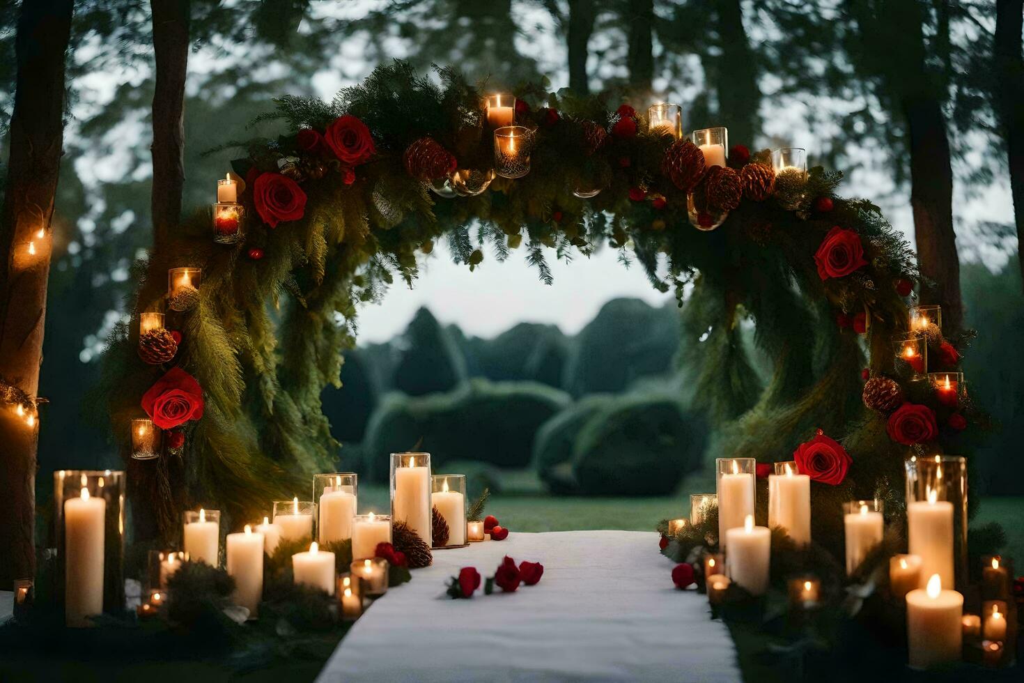 un' nozze arco con candele e fiori. ai-generato foto