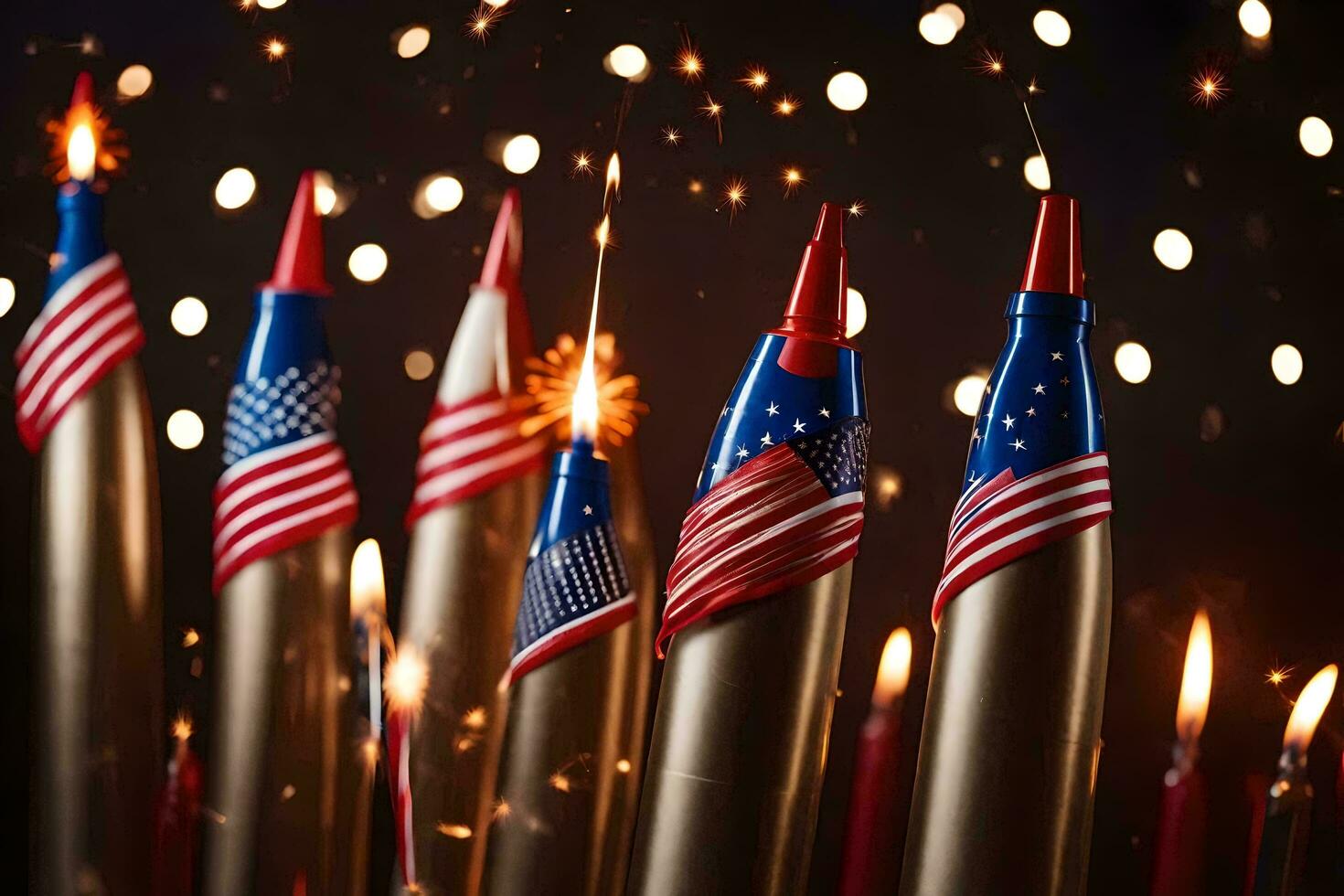 un' gruppo di fuochi d'artificio con americano bandiere su loro. ai-generato foto