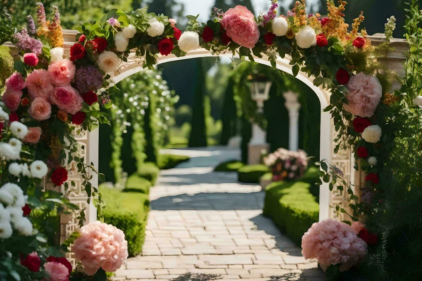 un' bellissimo arcata con fiori e verde. ai-generato foto