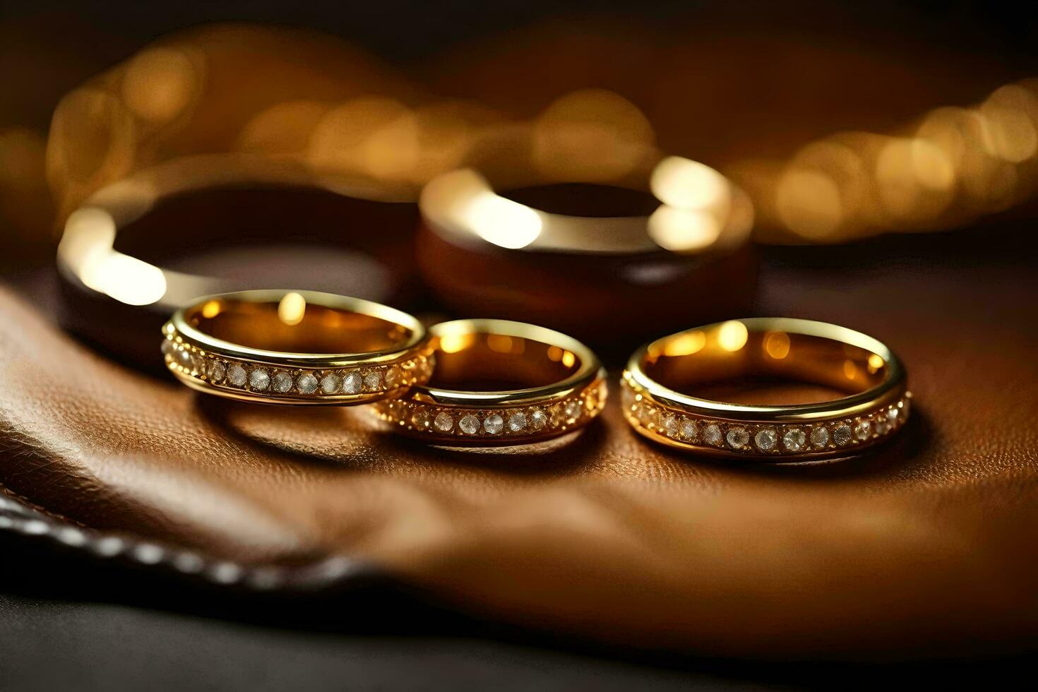 tre oro nozze anelli su un' pelle superficie. ai-generato foto