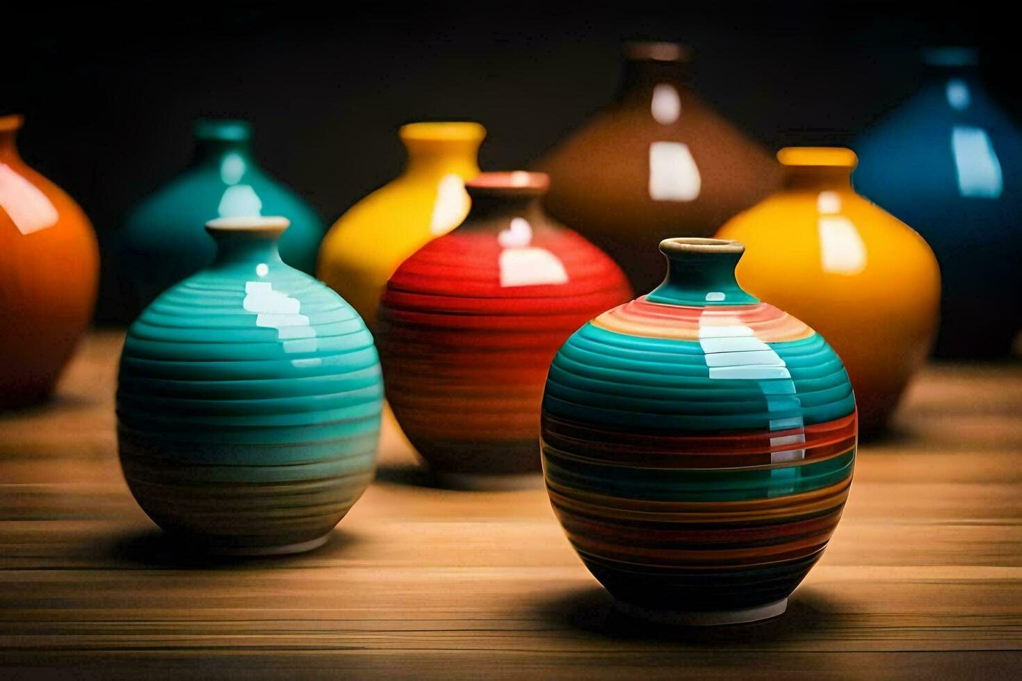 colorato vasi su un' di legno tavolo. ai-generato foto
