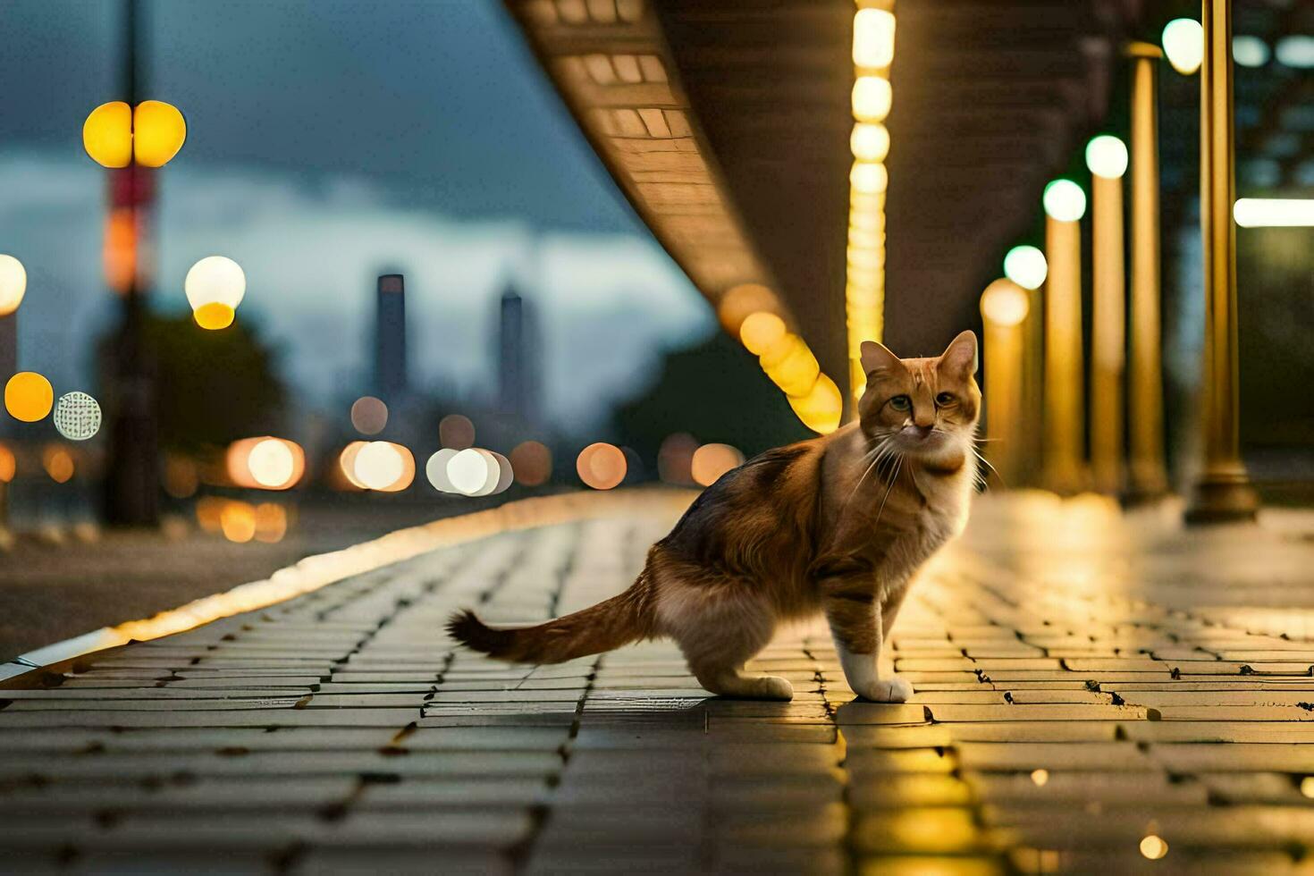 un' gatto a piedi su un' marciapiede a notte. ai-generato foto
