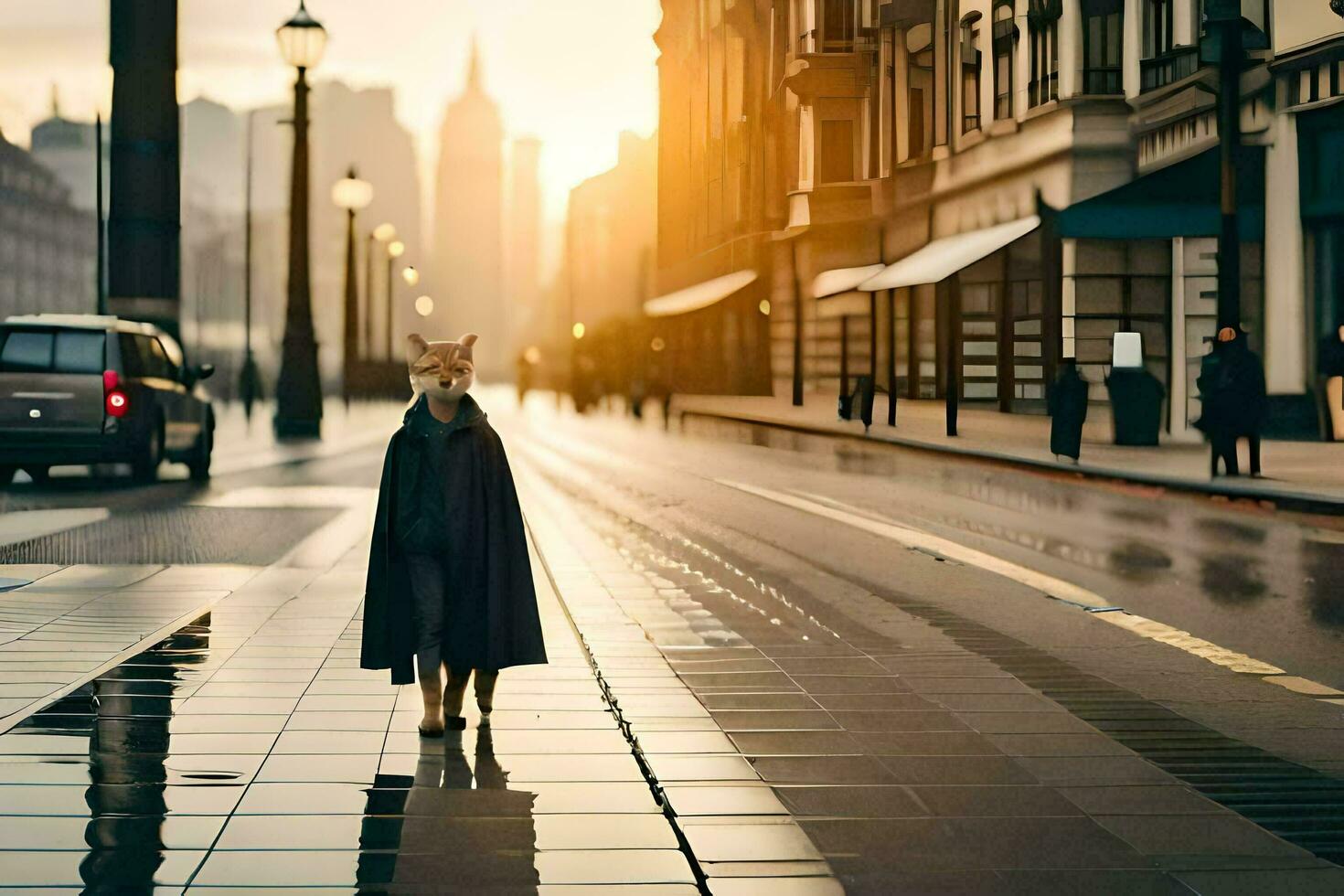 un' cane nel un' cappotto in piedi su un' strada a tramonto. ai-generato foto