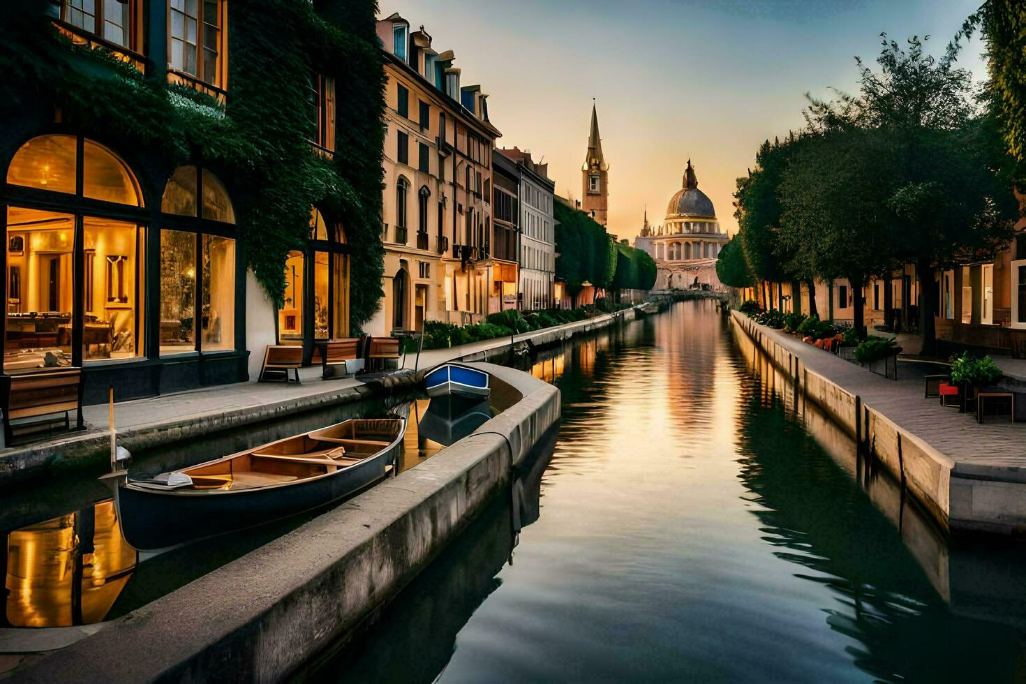 un' canale nel il mezzo di un' città con Barche. ai-generato foto