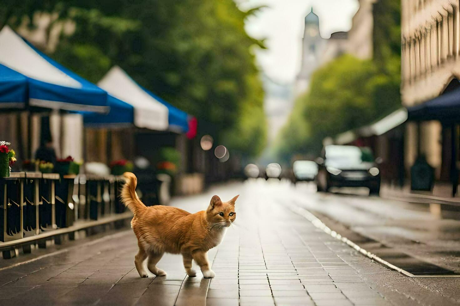 un arancia gatto a piedi giù un' strada nel il città. ai-generato foto