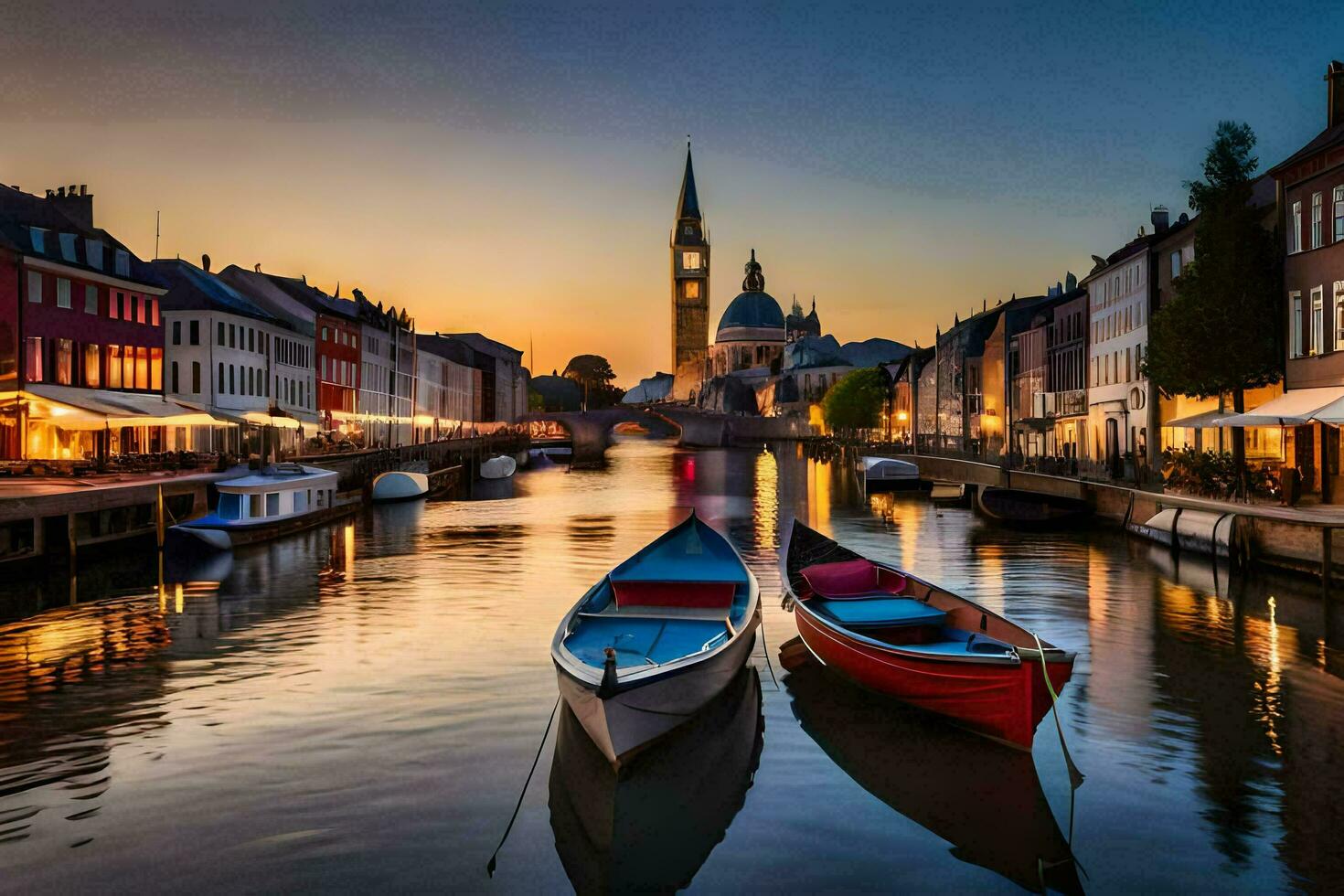 Due Barche siamo attraccato nel un' canale a tramonto. ai-generato foto