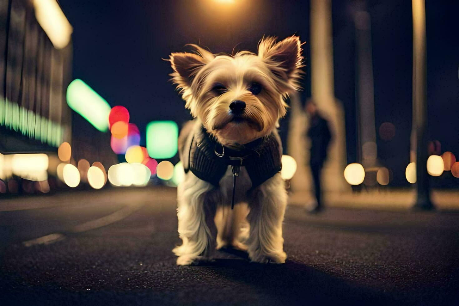 un' piccolo cane in piedi su il strada a notte. ai-generato foto