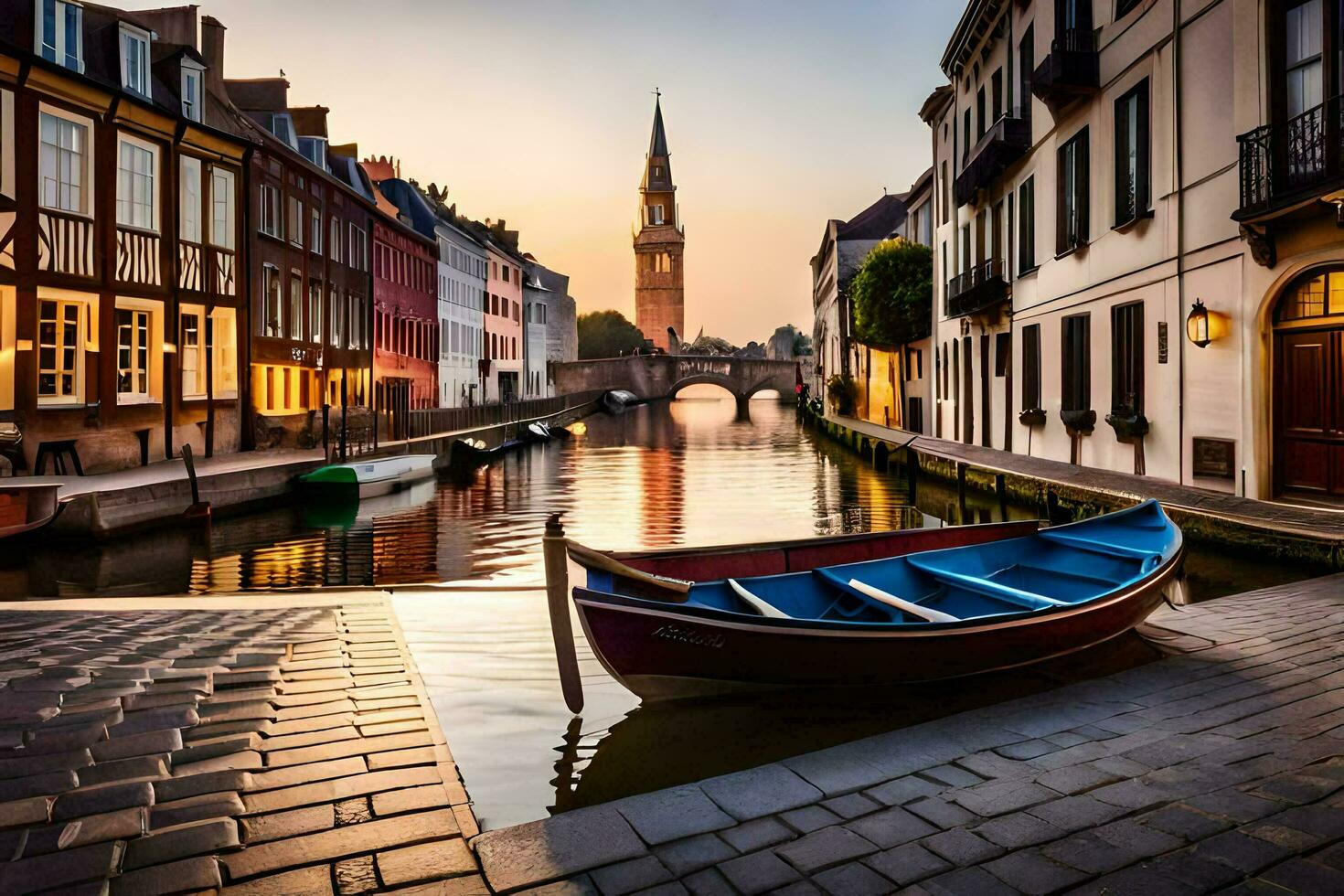 un' barca si siede su il lato di un' canale nel un' città. ai-generato foto