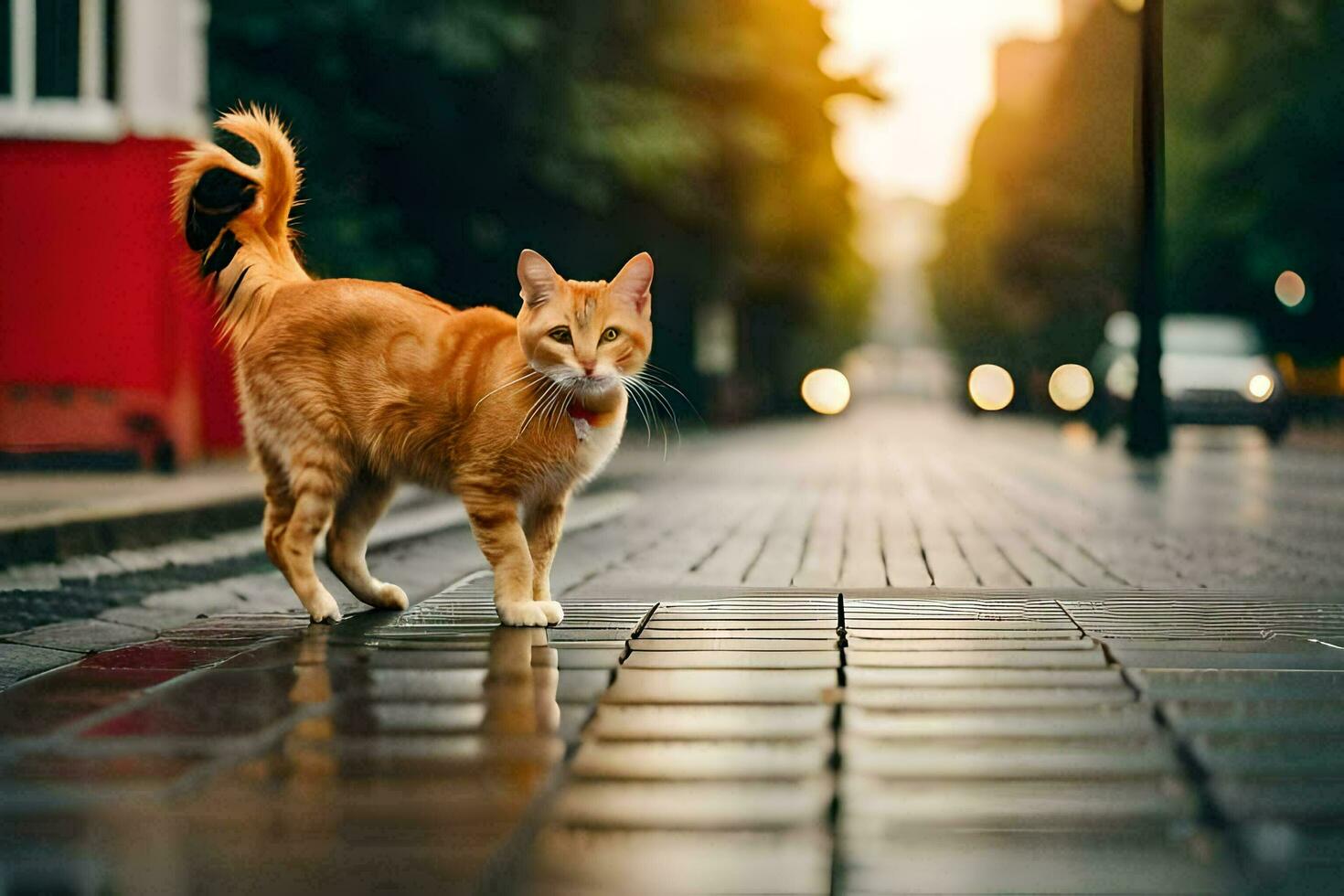 un arancia gatto a piedi su un' strada a tramonto. ai-generato foto