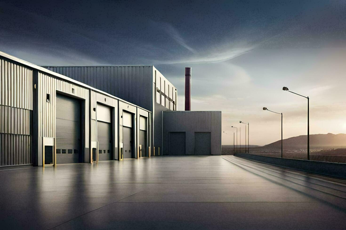 un industriale magazzino con un' grande edificio nel il sfondo. ai-generato foto
