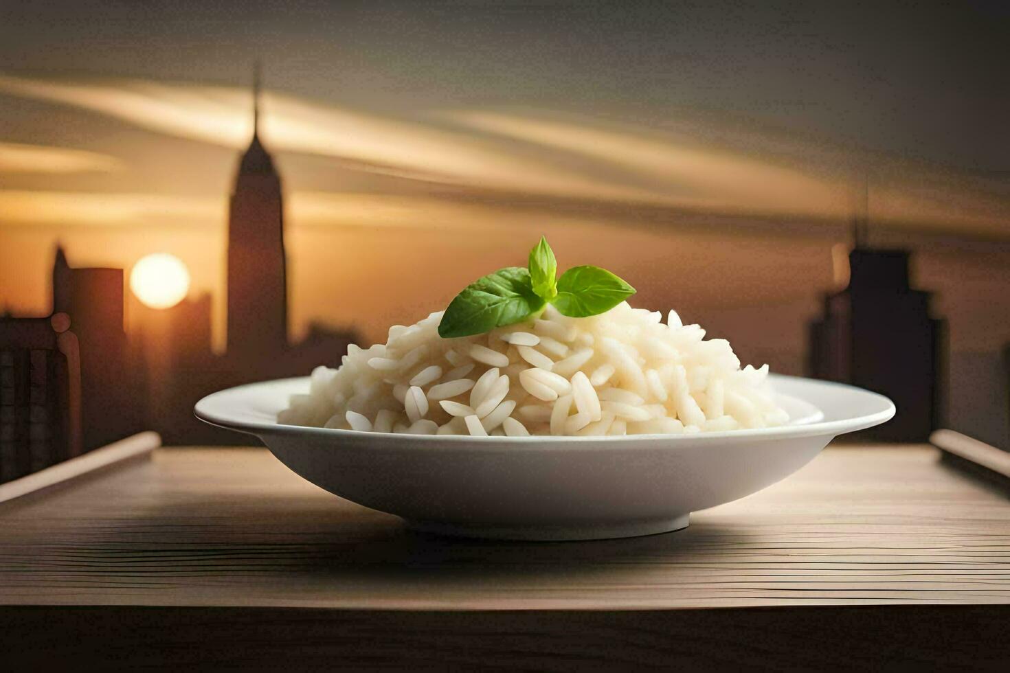 un' piatto di riso con un' Visualizza di il città. ai-generato foto