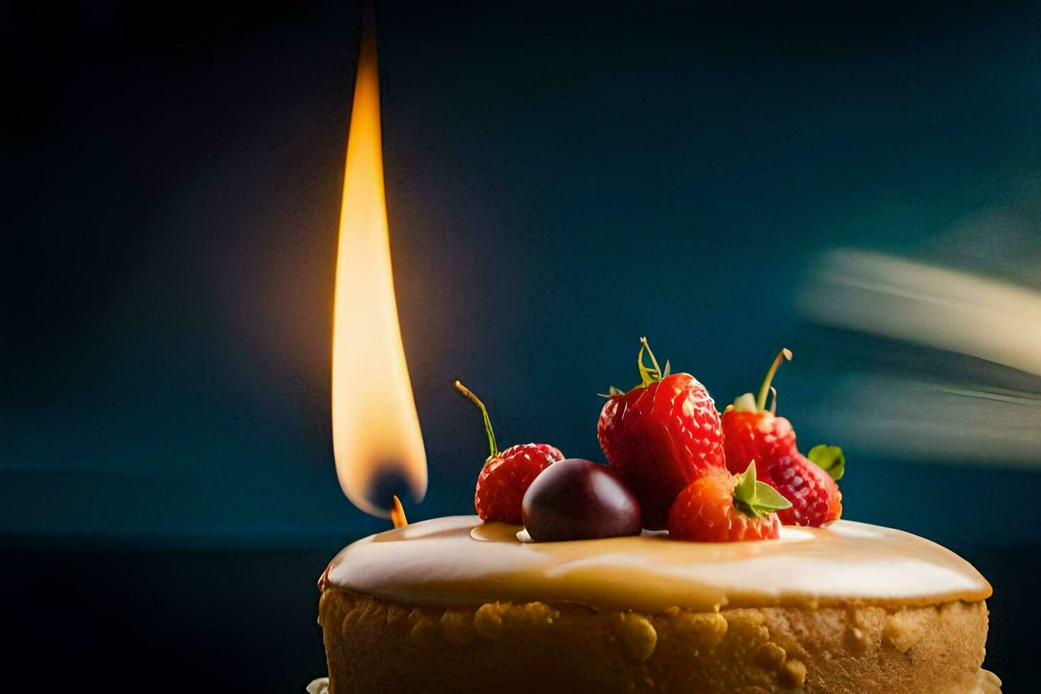 un' torta con frutti di bosco e un' candela. ai-generato foto