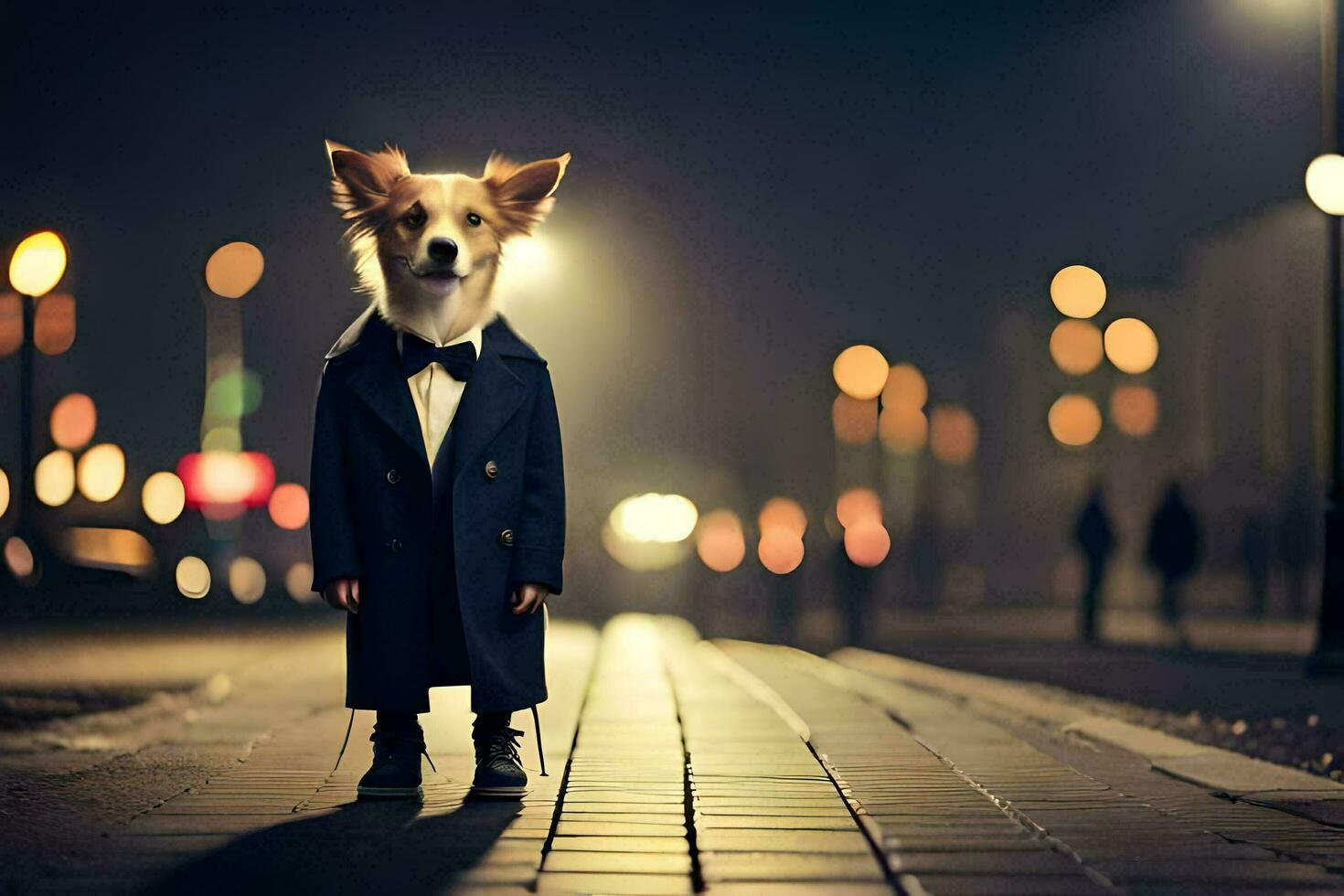 un' cane vestito nel un' completo da uomo e cravatta in piedi su un' strada a notte. ai-generato foto