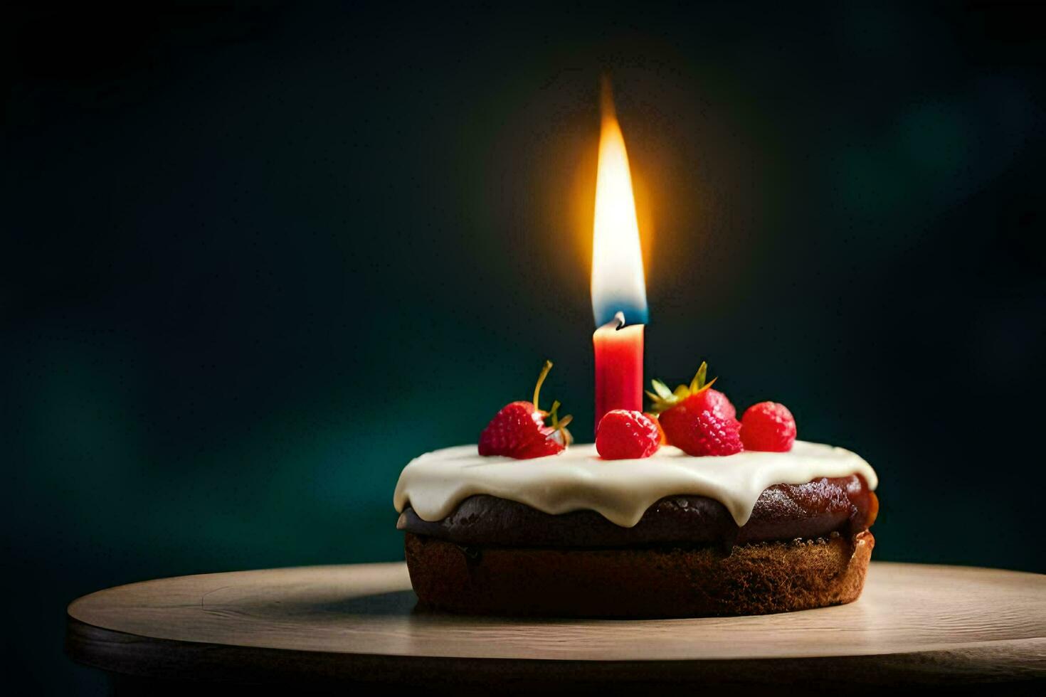 un' piccolo compleanno torta con un' singolo candela. ai-generato foto