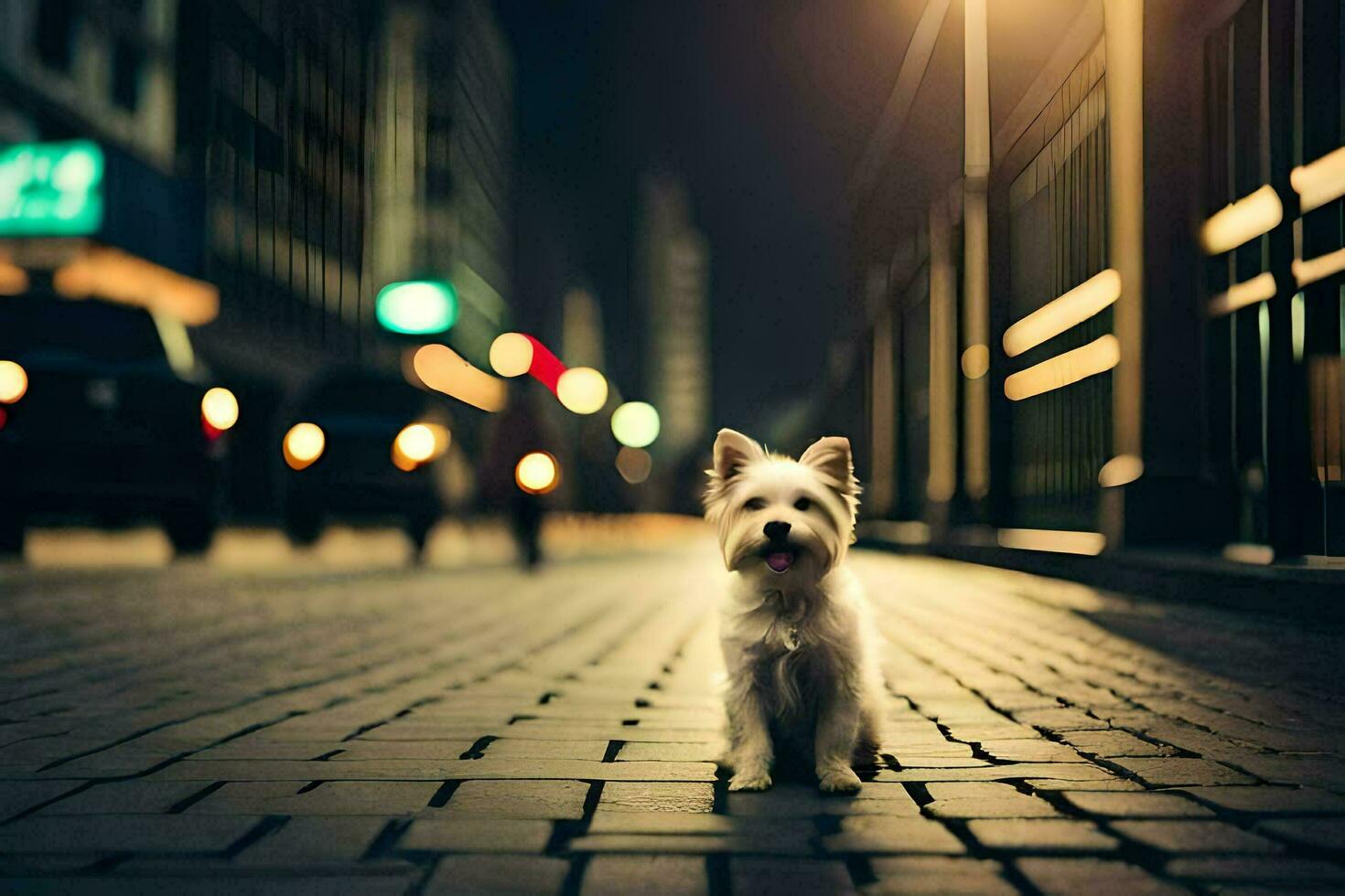 un' piccolo bianca cane è in piedi su un' mattone strada a notte. ai-generato foto