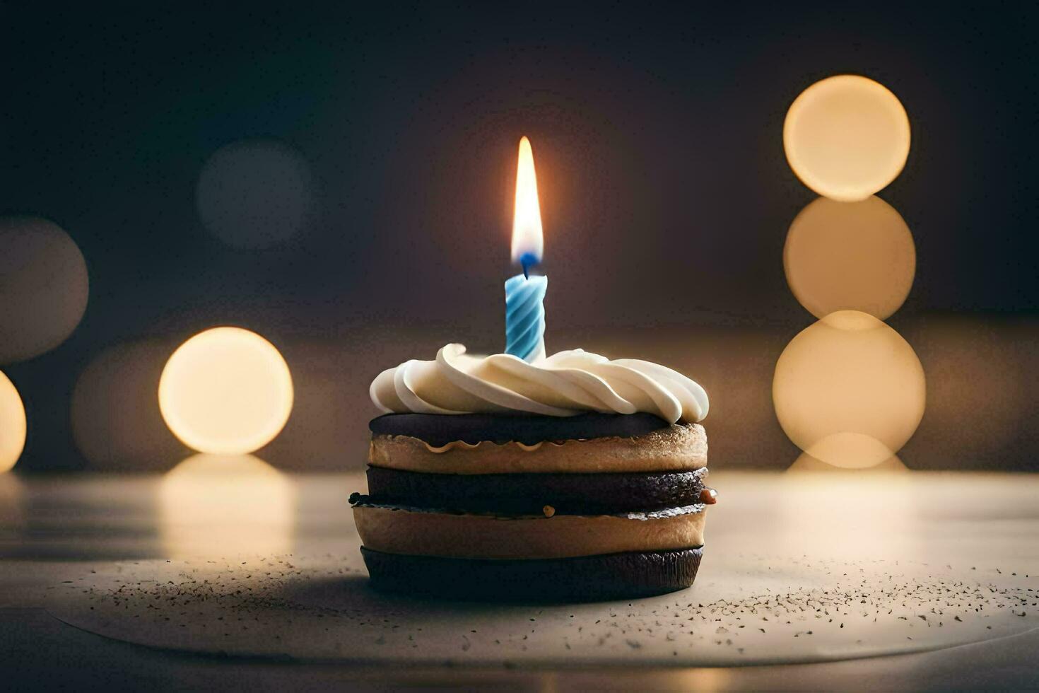 un' singolo candela su un' compleanno torta. ai-generato foto