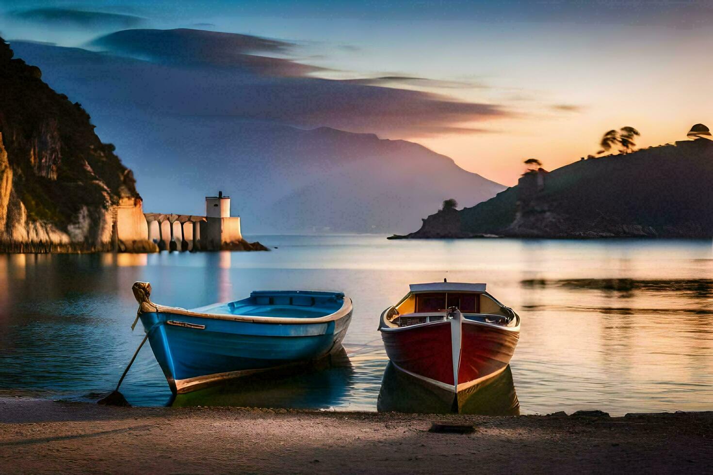 Due Barche su il riva di lago Como, Italia. ai-generato foto
