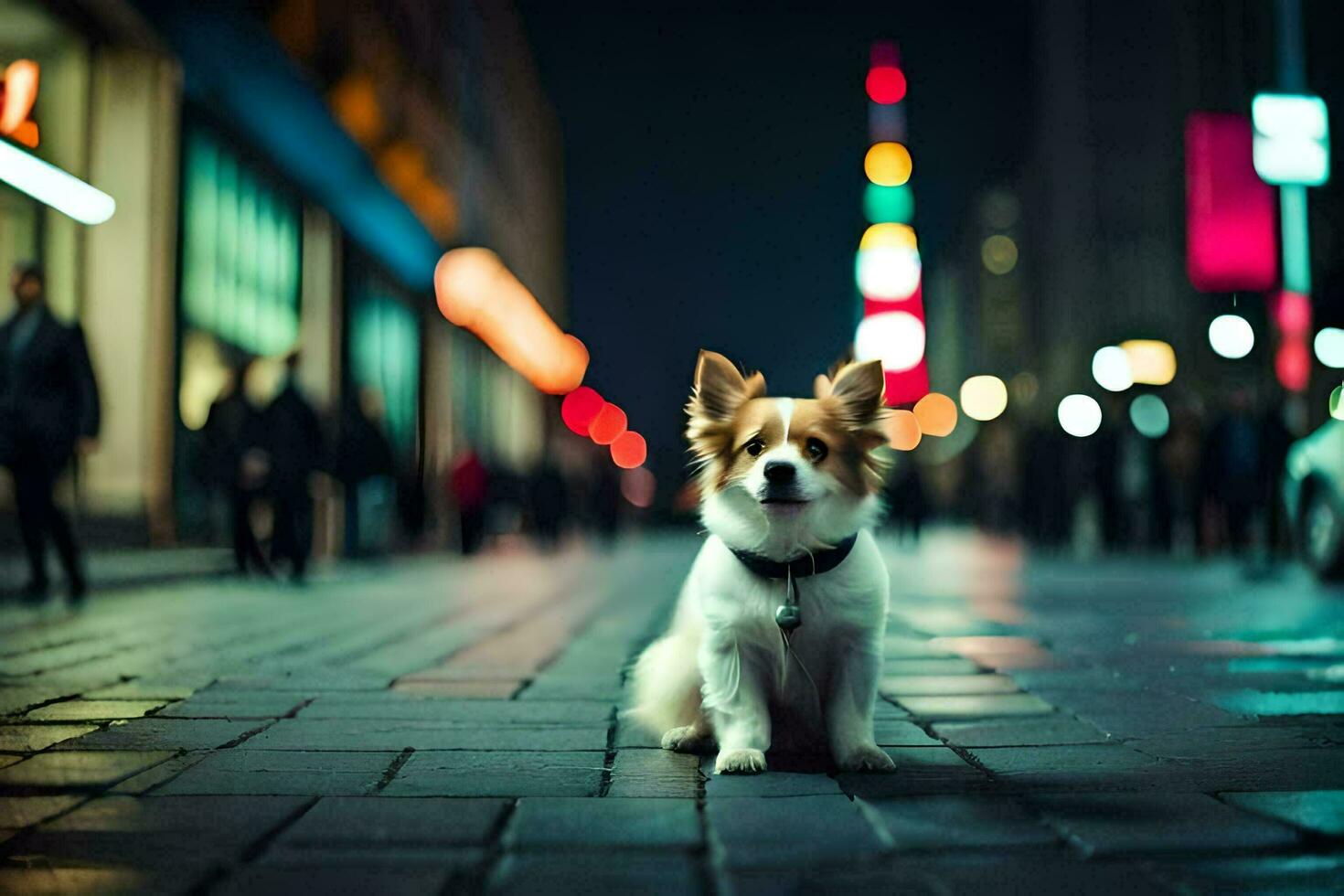 un' cane seduta su il marciapiede a notte. ai-generato foto