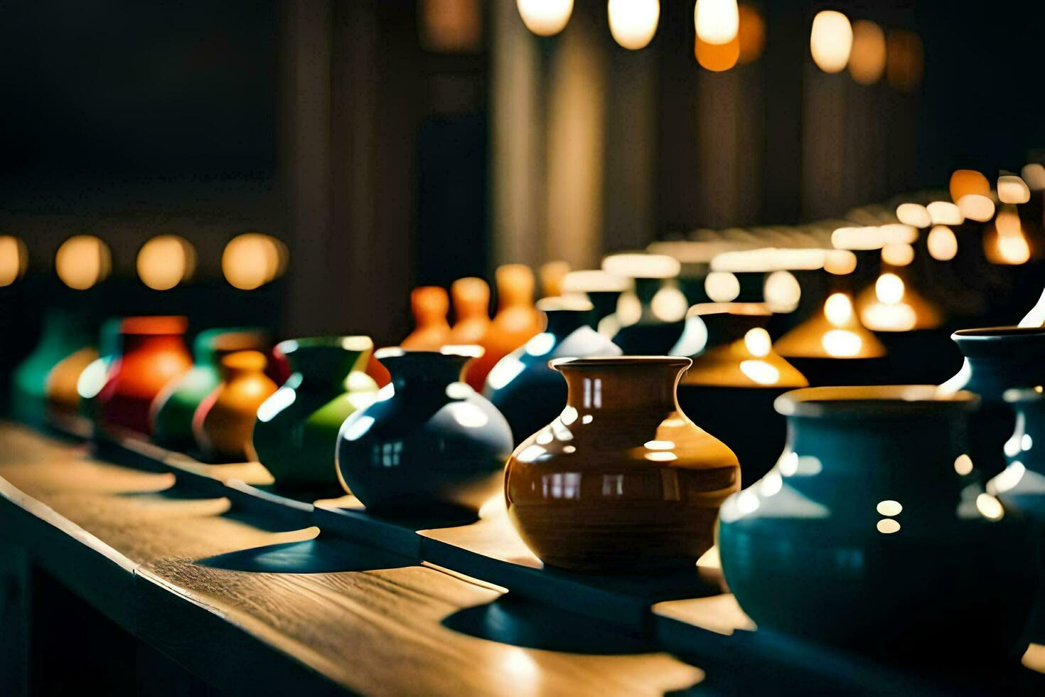 un' riga di colorato vasi su un' tavolo. ai-generato foto