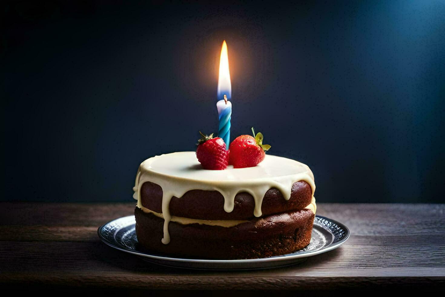 un' cioccolato torta con un' singolo candela su superiore. ai-generato foto