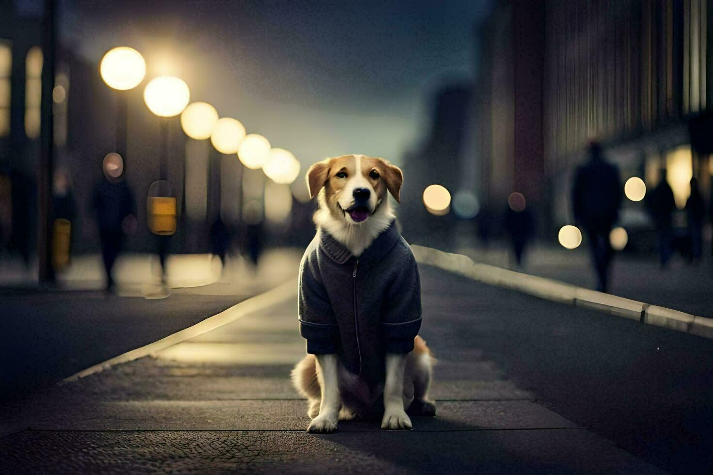 un' cane indossare un' giacca si siede su il strada a notte. ai-generato foto