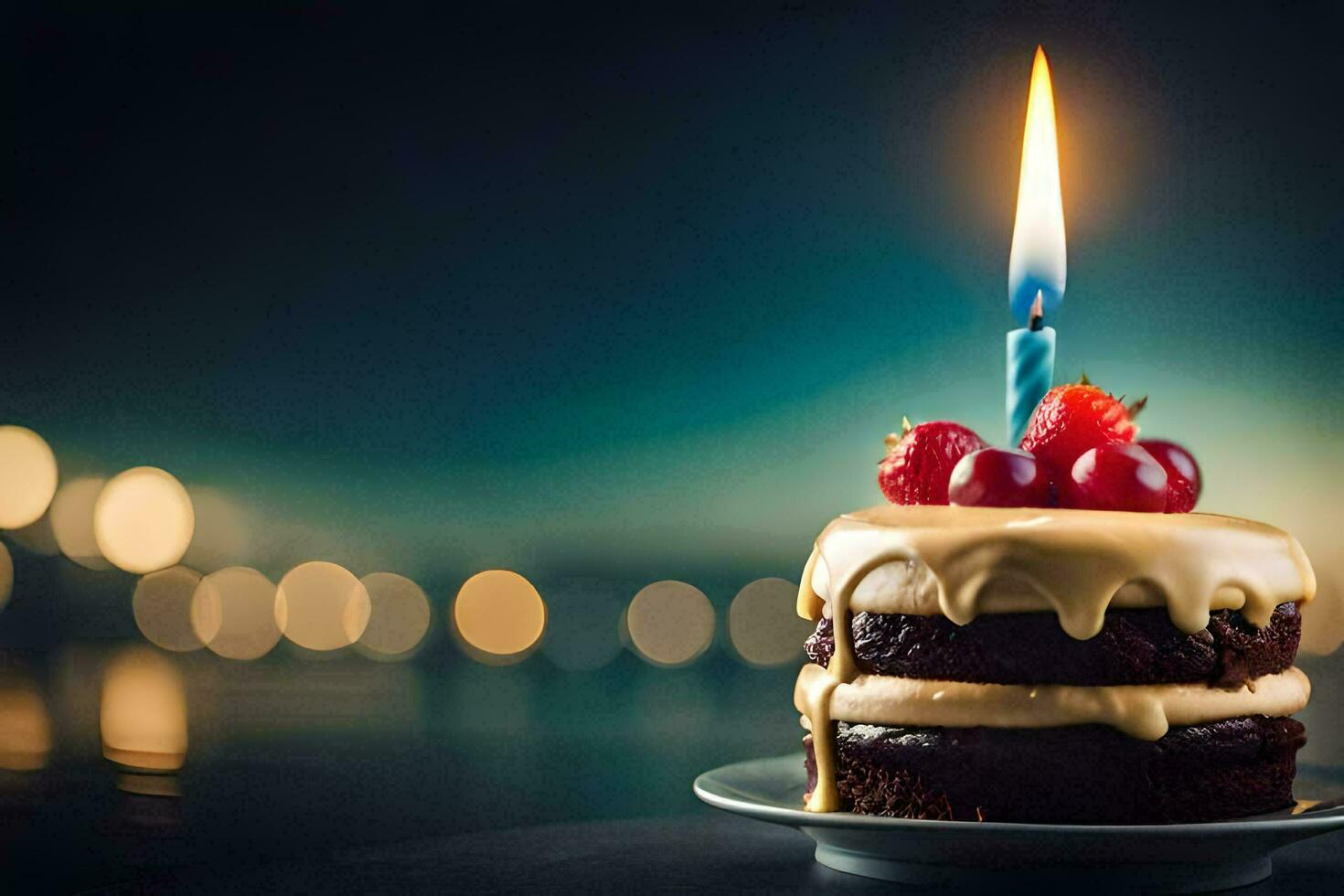 un' compleanno torta con un' singolo candela su superiore. ai-generato foto