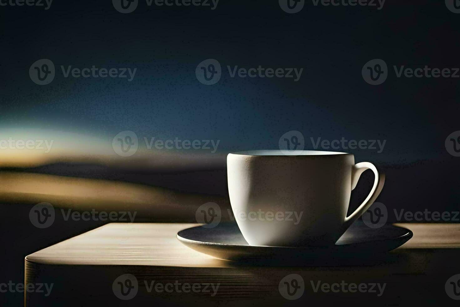 un' tazza di caffè su un' tavolo nel davanti di un' tramonto. ai-generato foto