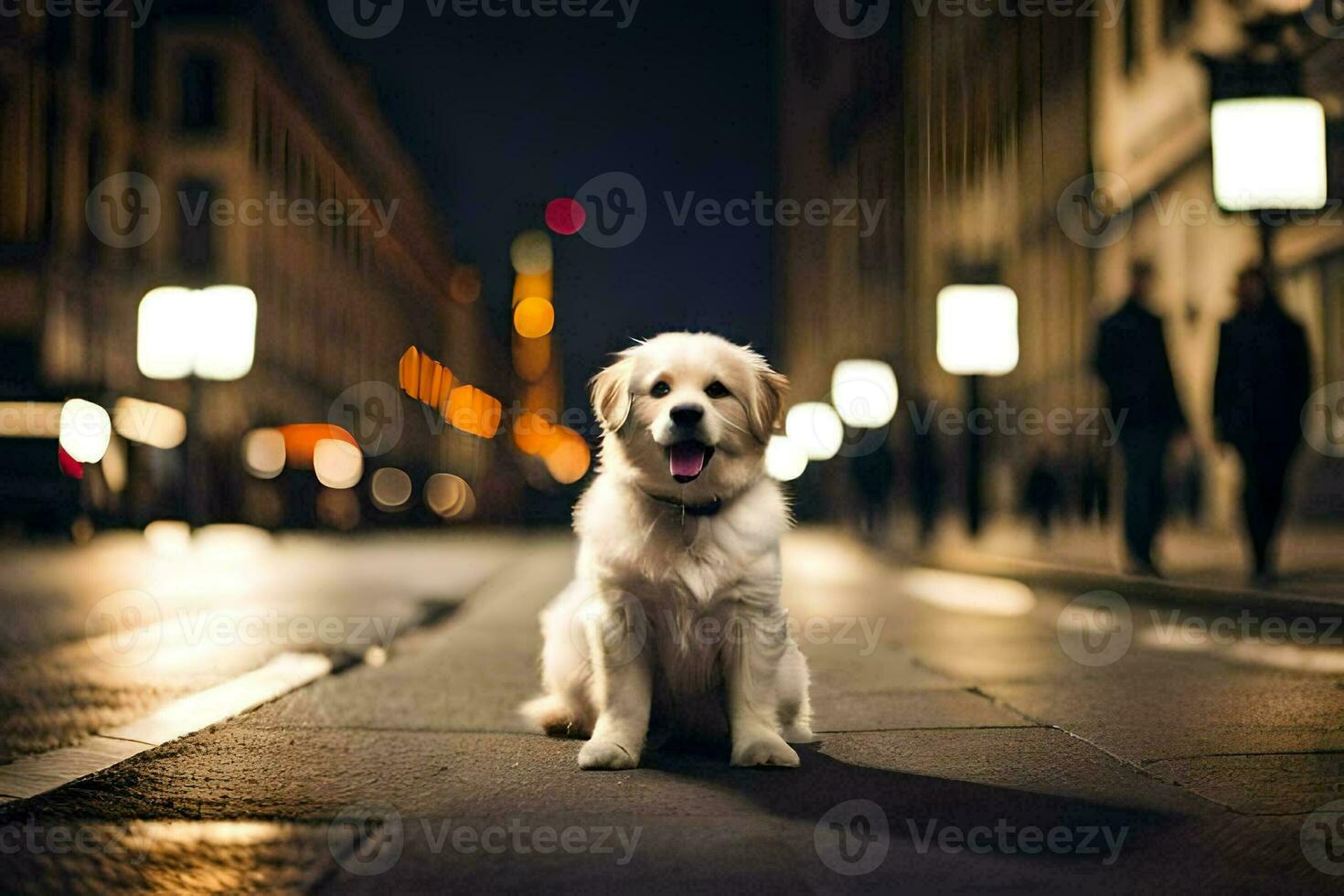 un' cane seduta su il strada a notte. ai-generato foto