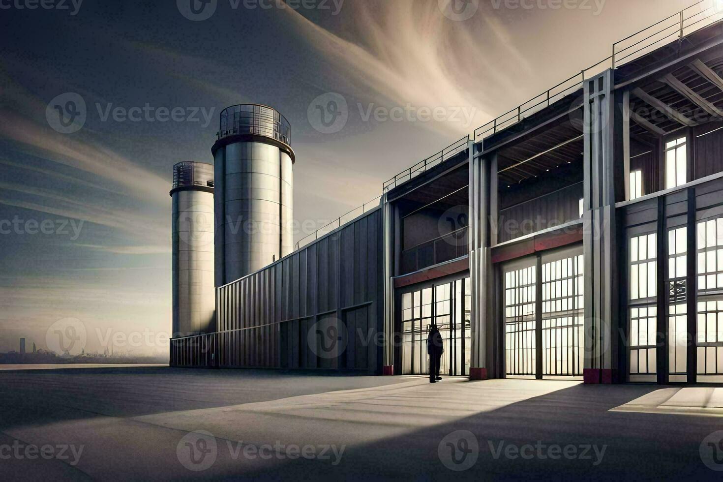 un' uomo in piedi nel davanti di un' grande fabbrica costruzione. ai-generato foto