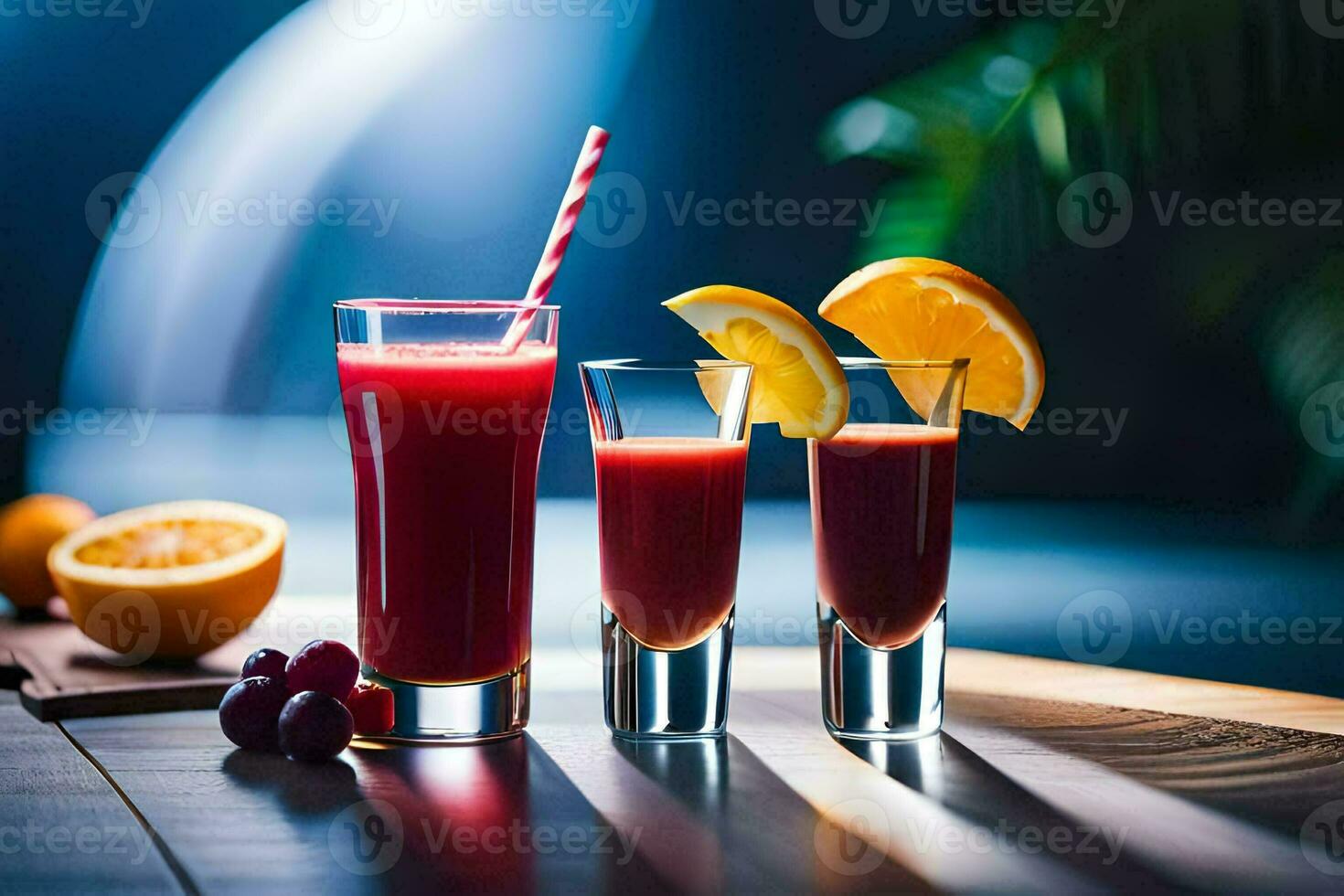 tre bicchieri di succo con arance e arance. ai-generato foto