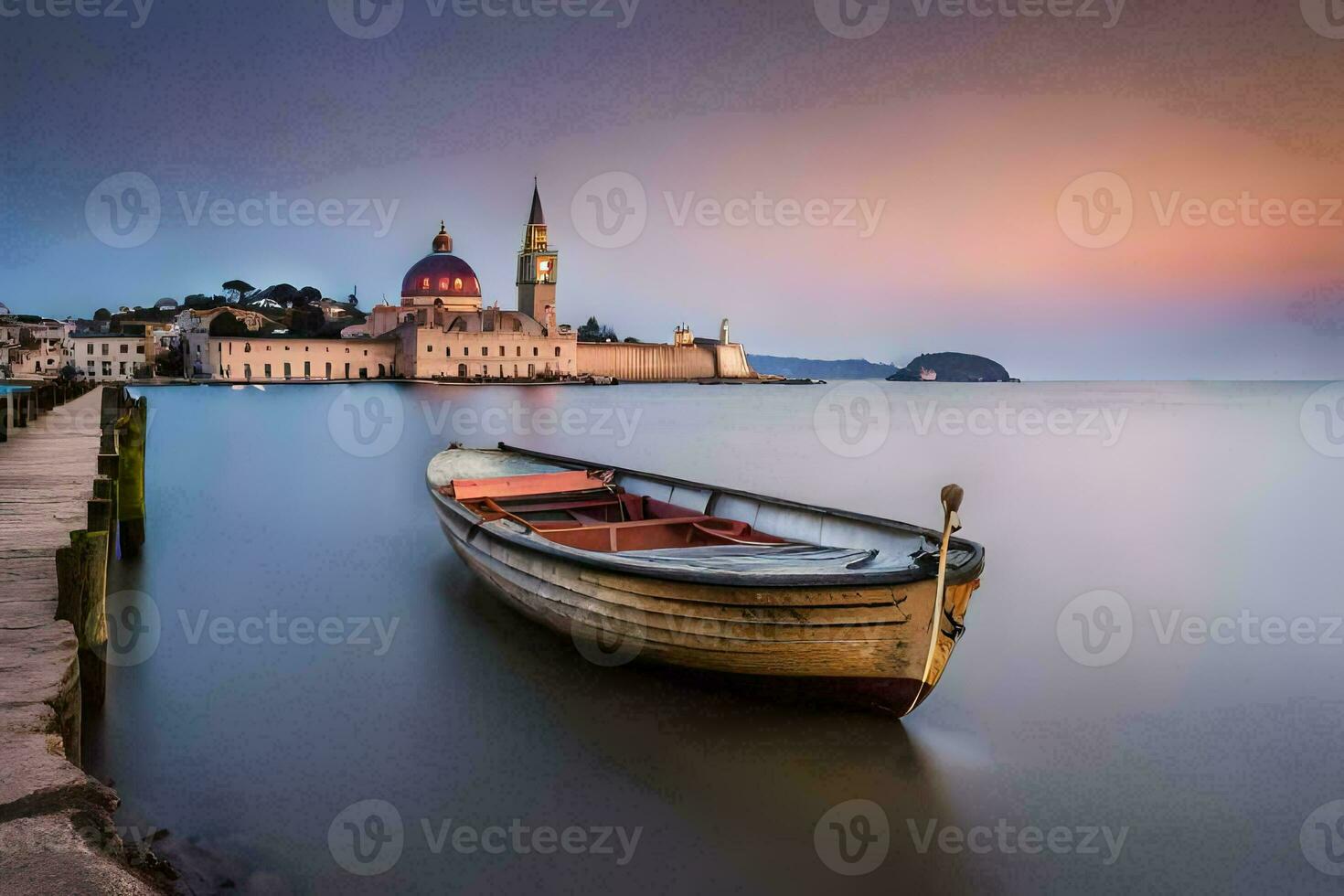 un' barca si siede su il riva di un' lago con un' Chiesa nel il sfondo. ai-generato foto