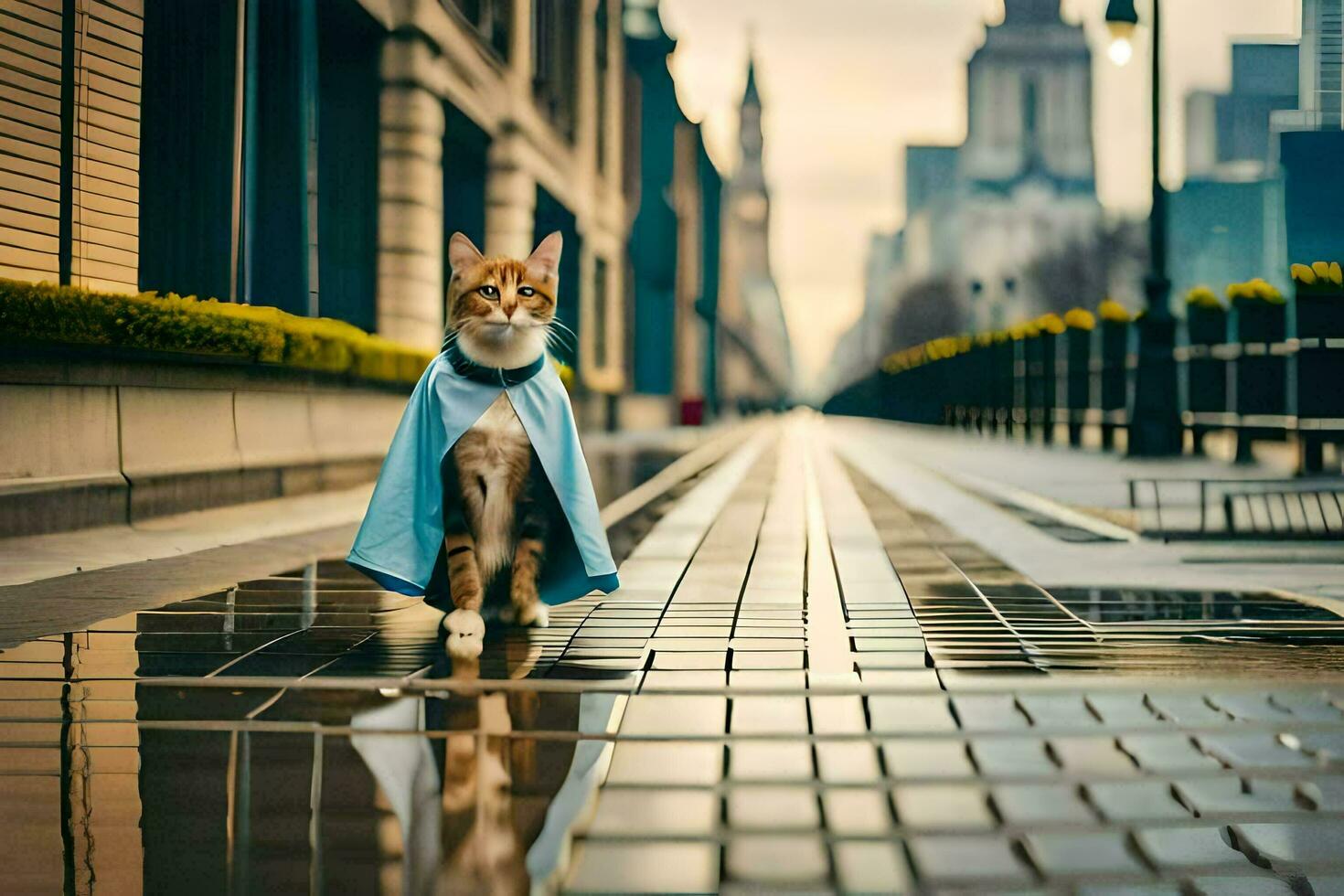 un' gatto indossare un' blu capo passeggiate giù un' strada. ai-generato foto